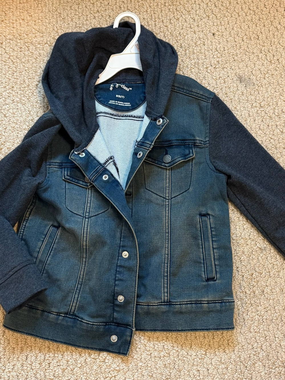 Art Class Dark Blue Denim Jacket with Knit Hoodie, boys size 6-7